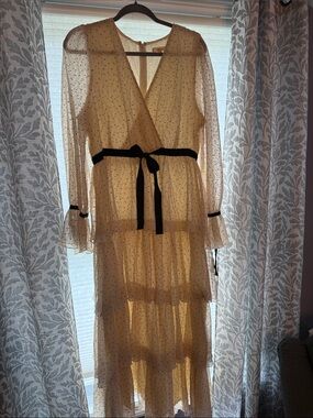 Just Me Cream Sheer Polka Dot Long Sleeve Tiered Maxi Dress with Black Accents